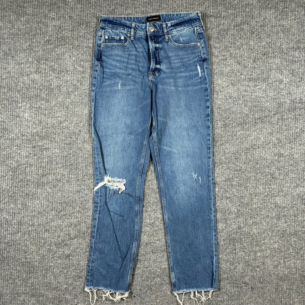Free Assembly Womens Straight Jeans Size 6 Blue Distressed Denim Stretch Raw Hem